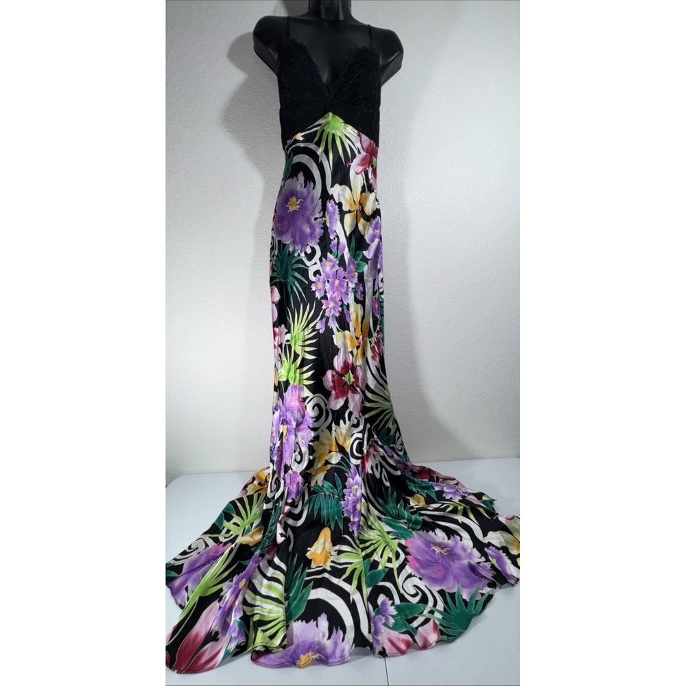 Vintage Mary L Couture Silk Lace Maxi Dress Size 6 Y2K Floral Slip Gown USA
